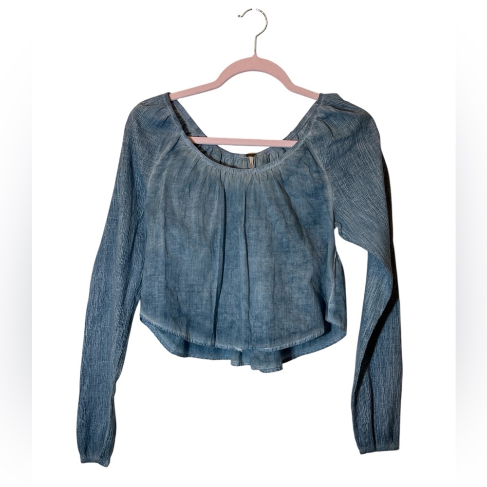 Free People Ruffle Back Medium Wash Dye Long Sleeve Crop Top Boho 100% Cotton